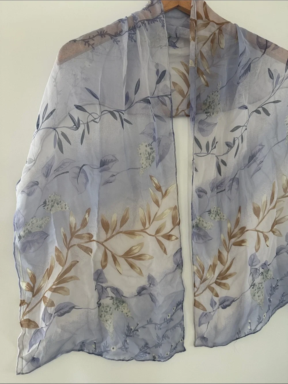 Halston Sheer Silk Floral Scarf 36x13 Blue Lavender Flowers Oblong Rectangle